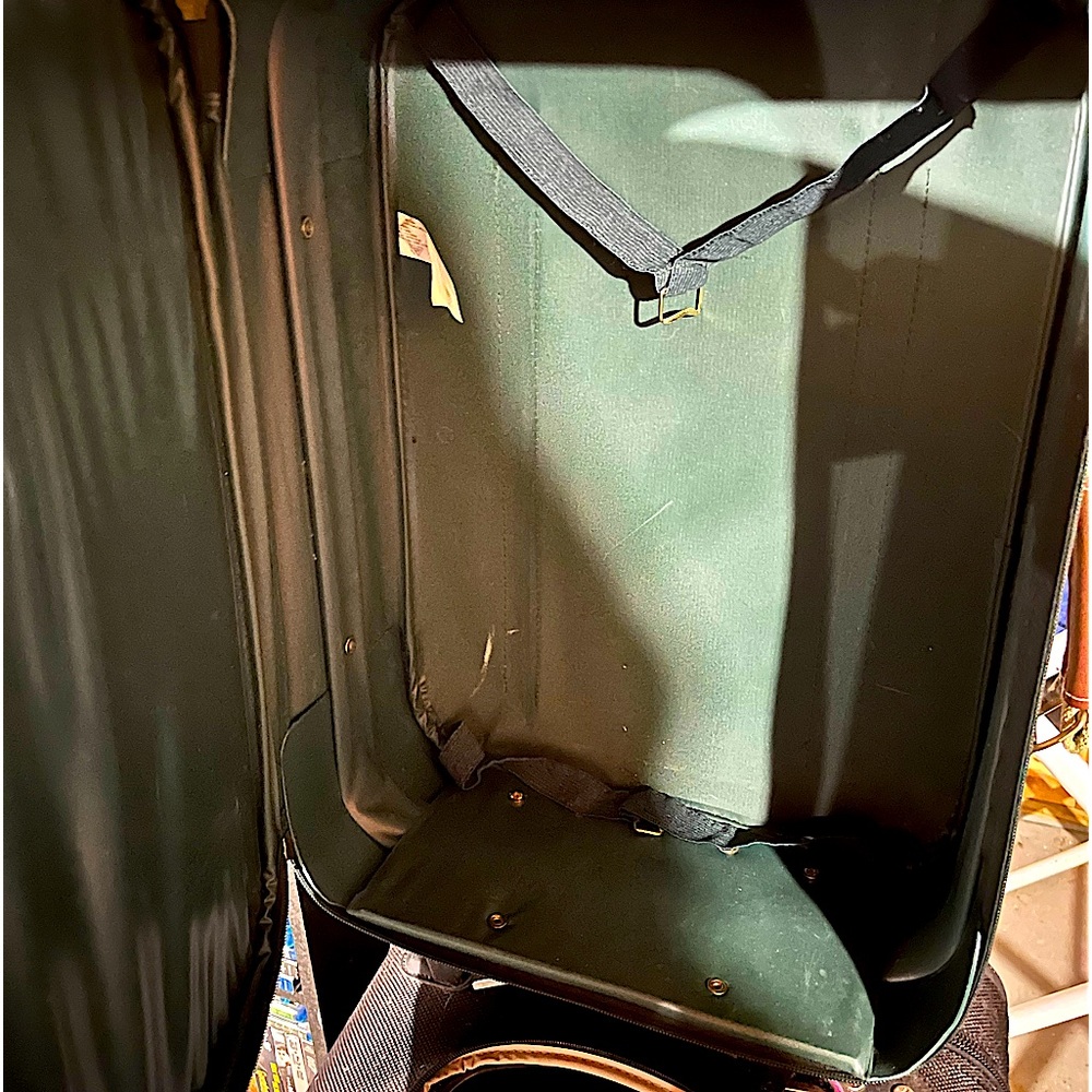 Small carry on luggage back with a handle and rollers. Green and works great!